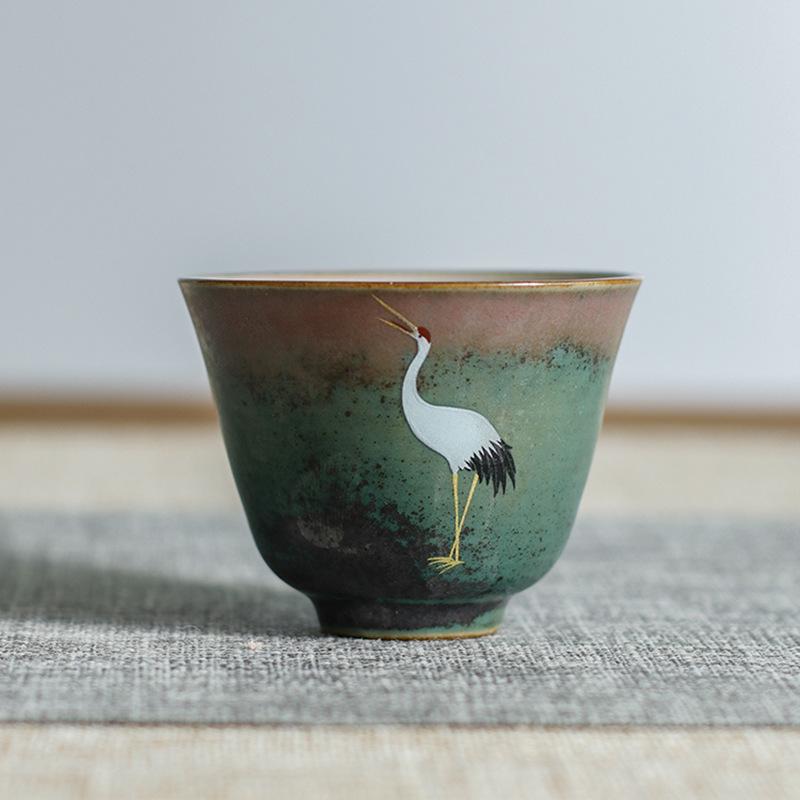 Deyutang Japanese Color Changing Ceramic Crane Tea Cup Set with Gift Bag