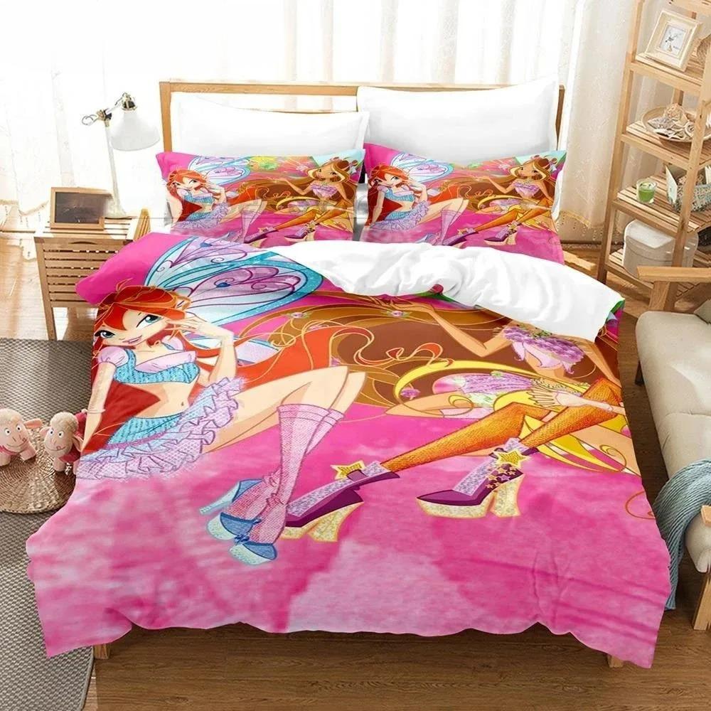 Anime W-Winx Club Bettbezug Kissenbezug Kindergeschenk Bettwäsche-Set für Erwachsene Jungen Mädchen Schlafzimmerdekoration Einzel Doppel Groß