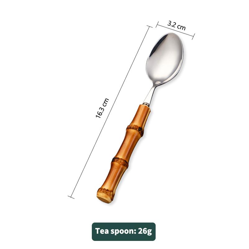 Set de tacâmuri cu mâner din bambus natural, veselă din oțel inoxidabil, tacâmuri de bucătărie, include furculițe, linguri, cuțite și veselă