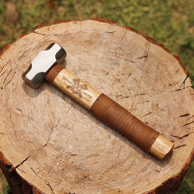 G&B Grumpy Bear Cowhide Handle Camping Hammer - Durable Forged Ground Nail Tool for Outdoor Craftsmanship