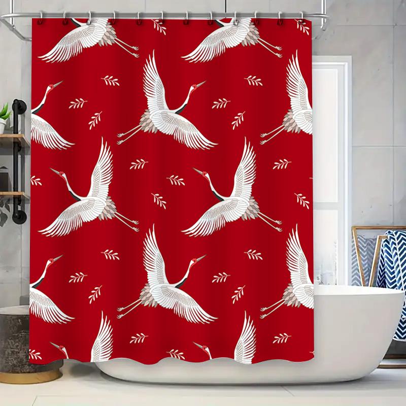 

Red Shower Curtain With White Crane Pattern For Bathroom Decor Waterproof Fabric Shower Panel Curtains Home Decorations W60H190(CM)-1 Pcs