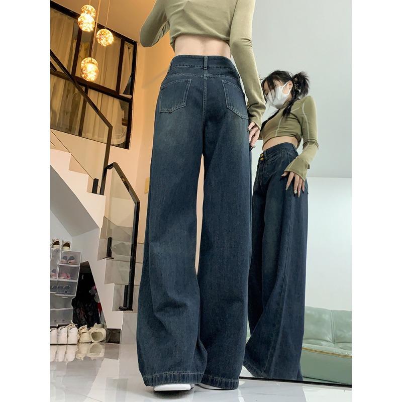Plus Size Vintage Fleece Lined High Waist Straight Wide Leg Jeans For Women