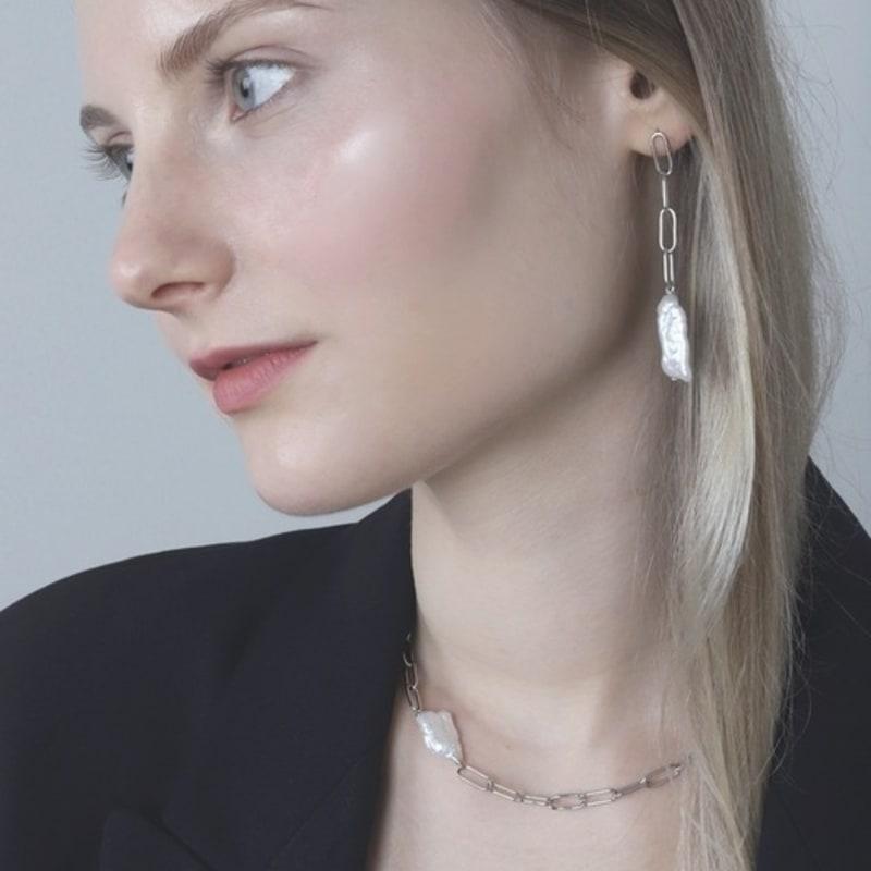 Ozel Silver925 Link Chains Natural Water Pearl Drop Earrings PS156E