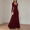 Women's Square Neck Long Sleeve Pleated Midi Dress with Waist-Cinching for Formal Party Occasions