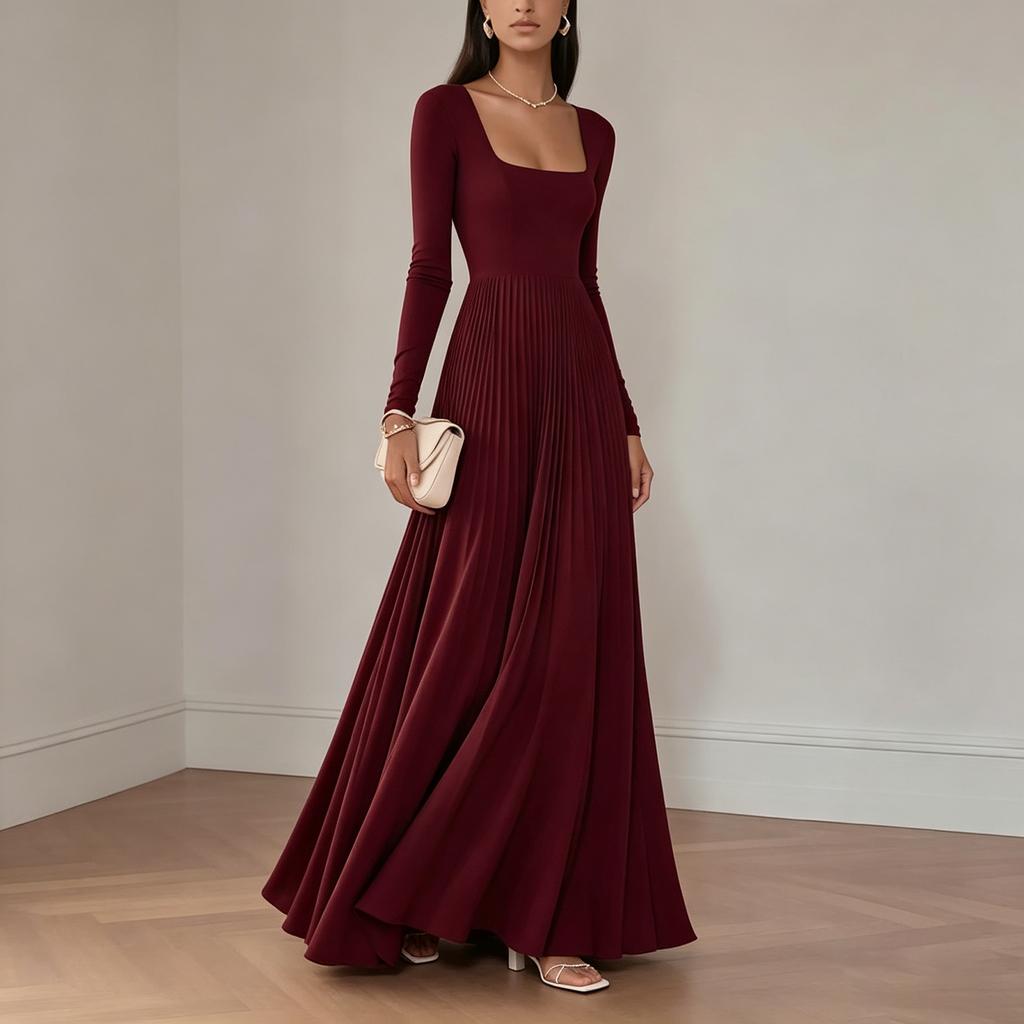 Women's Square Neck Long Sleeve Pleated Midi Dress with Waist-Cinching for Formal Party Occasions