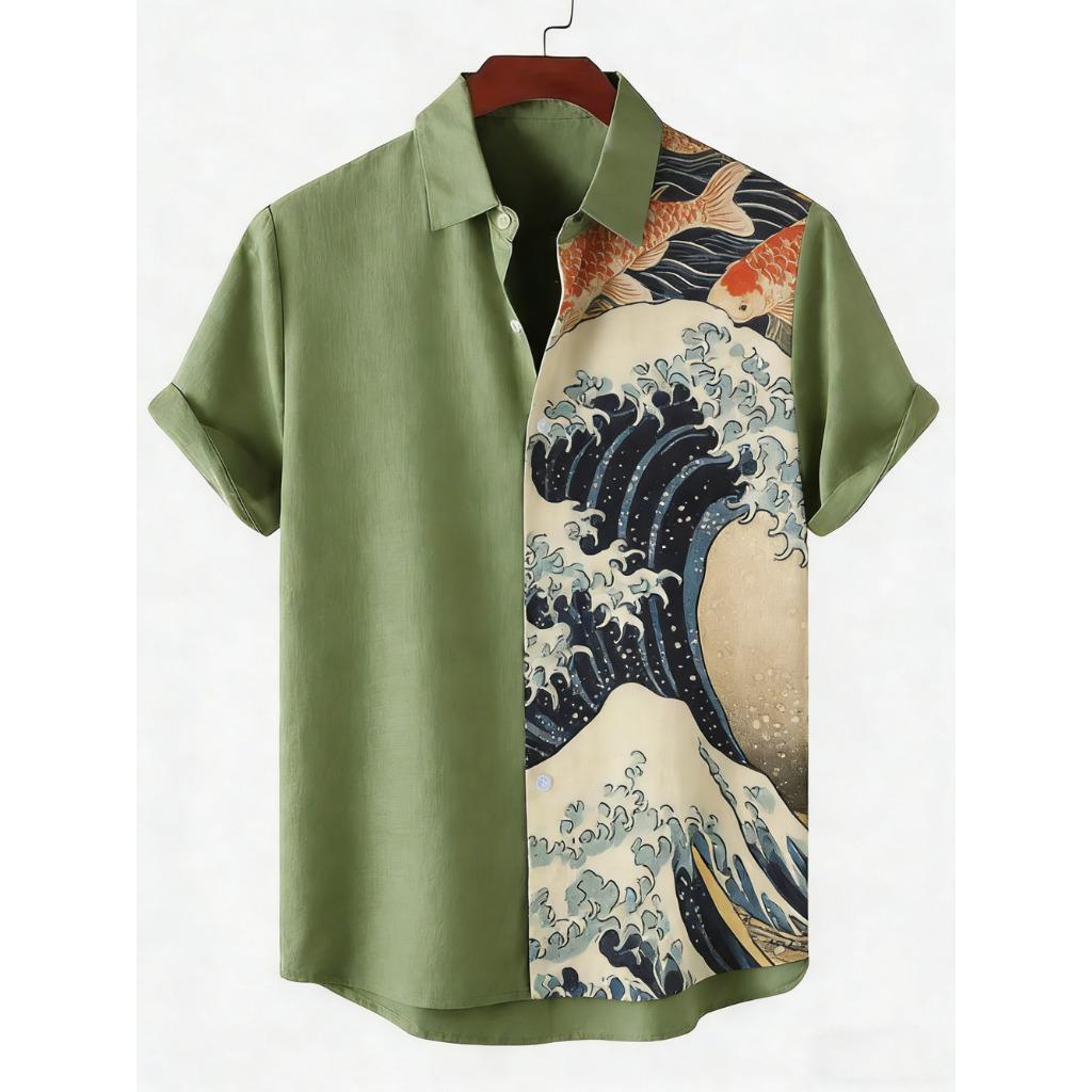 2026 Daily Men's Casual Short Sleeved Shirt with Natural Ethnic Pattern Printed Shirt Hawaii Beach Vacation Clothing