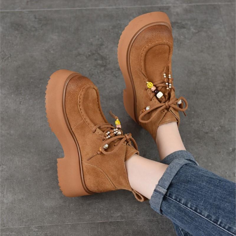 Johnature Thick Soled Handmade Beaded Round Toe Genuine Leather Short Boots Women's Lace-up Ankle Boots