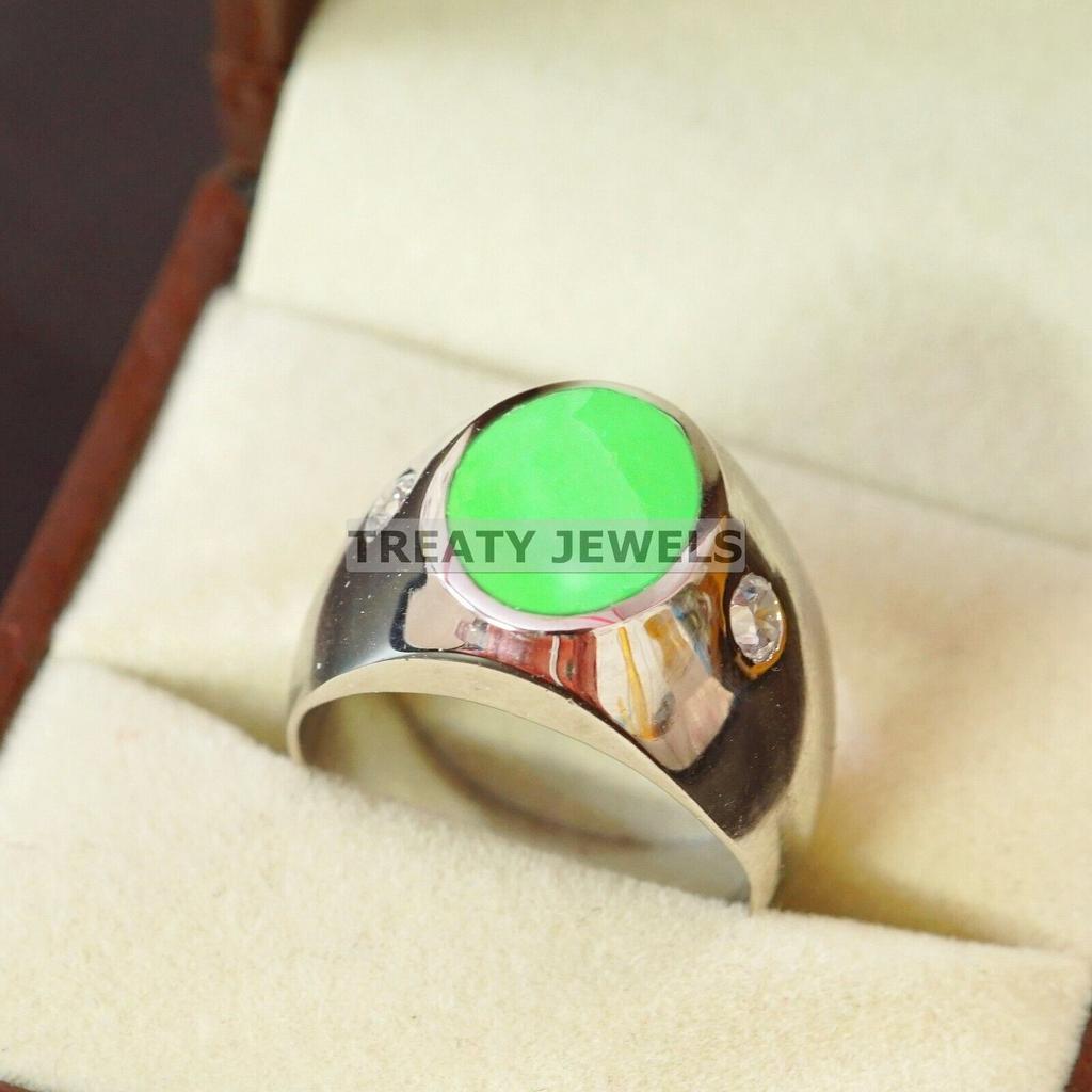 Anello da Uomo in Argento Sterling 925 con Pietra Preziosa di Giada Taglio Ovale #B141 JL375671575784