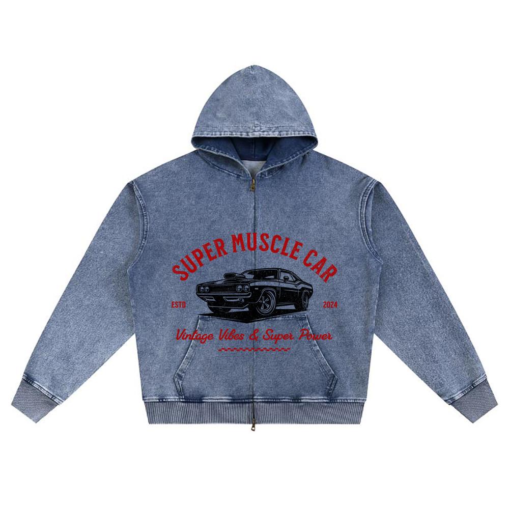 DTG Print Knitted Denim Zip-Up Hoodie Super Muscle Car Brother Print Zipper Hoodies  