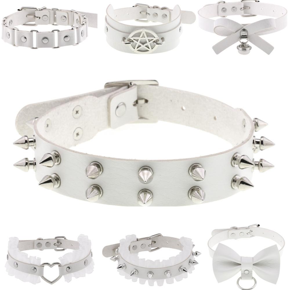 DIEZI Harajuku Bílý PU Kožený Kroužkový Choker Náhrdelník Pro Ženy Muže Vintage Gotický Hip Hope Nastavitelný Límcový Náhrdelník Šperky