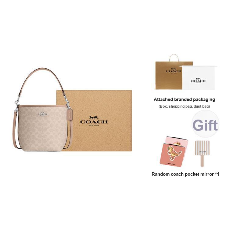 Coach City Bucket 17 Monogram Metal Logo Signature Coated Canvas Tote Shoulder Bag Small Women Bags Beige CT800-SVPWH