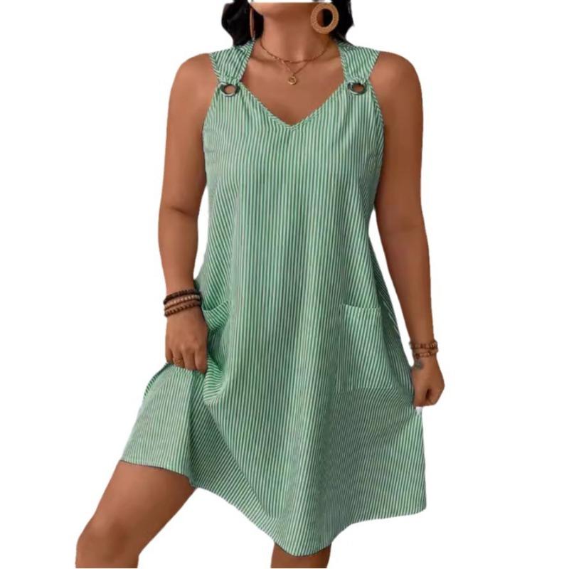 Round Neck Pocket Fashion Striped Shoulder Strap Jumpsuit Short Skirt Dress