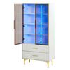Glass Display Cabinet LED Lights, White 2 Doors & 2 Drawer, Modern Bookcase Adjustable Shelves, Metal Legs, Living Room Office Dining Room
