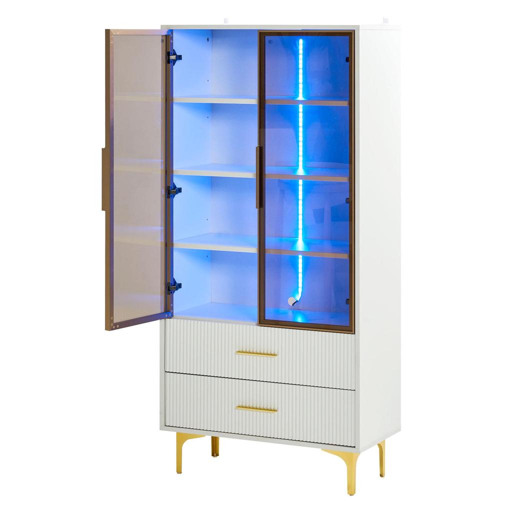 Glass Display Cabinet LED Lights, White 2 Doors & 2 Drawer, Modern Bookcase Adjustable Shelves, Metal Legs, Living Room Office Dining Room