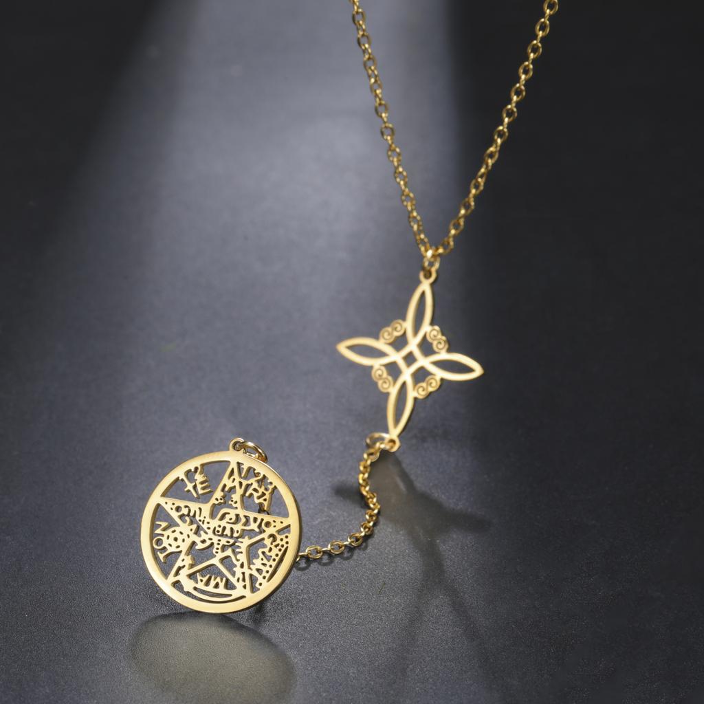 Collar Doble Amuleto Protección Nudo de Bruja Pentagrama Tetragrammaton Acero Inoxidable Joyería de Protección Venta al por Mayor