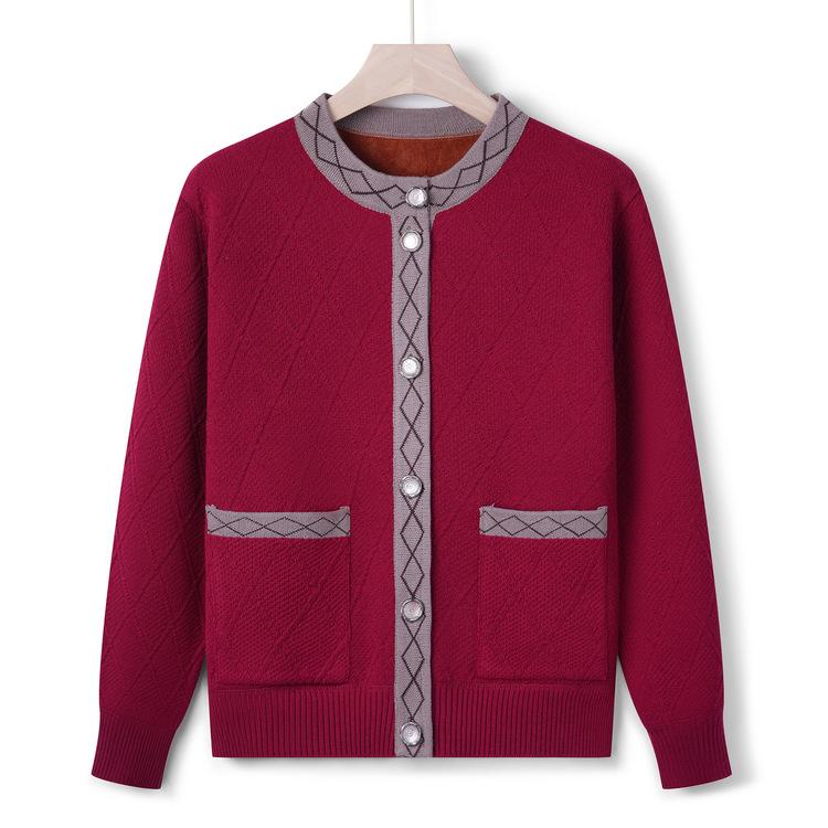 

Вязаная кофта для бабушки на весну и осень для пожилых людей, с начесом, утолщенная 4XL бордовый