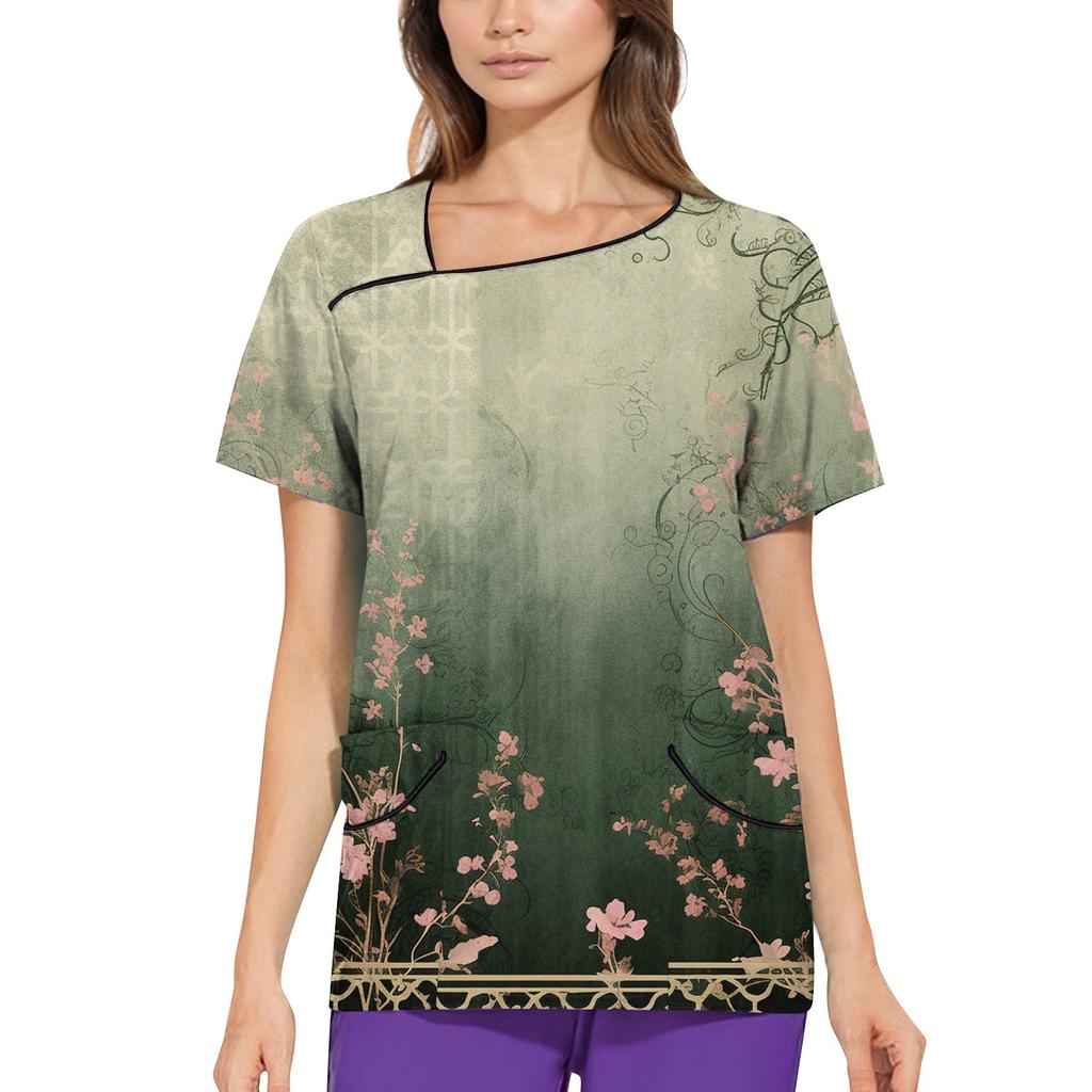 Damen Bedruckte Arbeitskleidung, Schräger Kragen und Doppellagige Taschen, Basic Oberteil Pullover