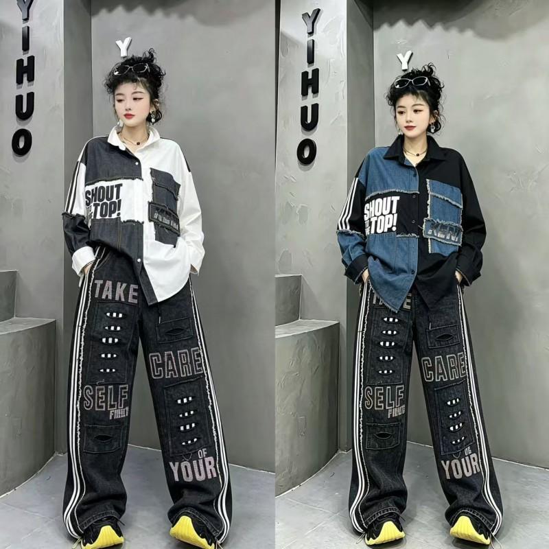Womens Denim Shirt 2026 Street Style Polo Collar Long Sleeve Irregular Mid-Length Top With Letter Print
