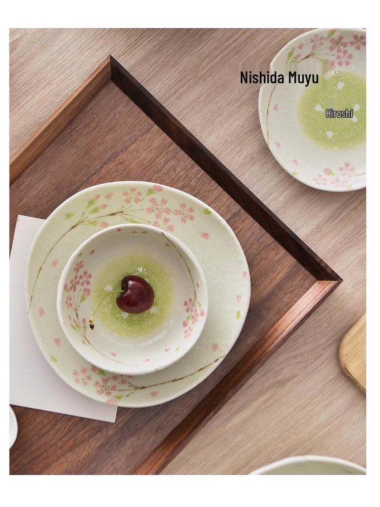 Cherry Blossom Ceramic Bowl & Plate Set: Includes Rice Bowl, Soup Bowl, Large Plate, Dish Plate, and Large Noodle Bowl - Japanese Imported.