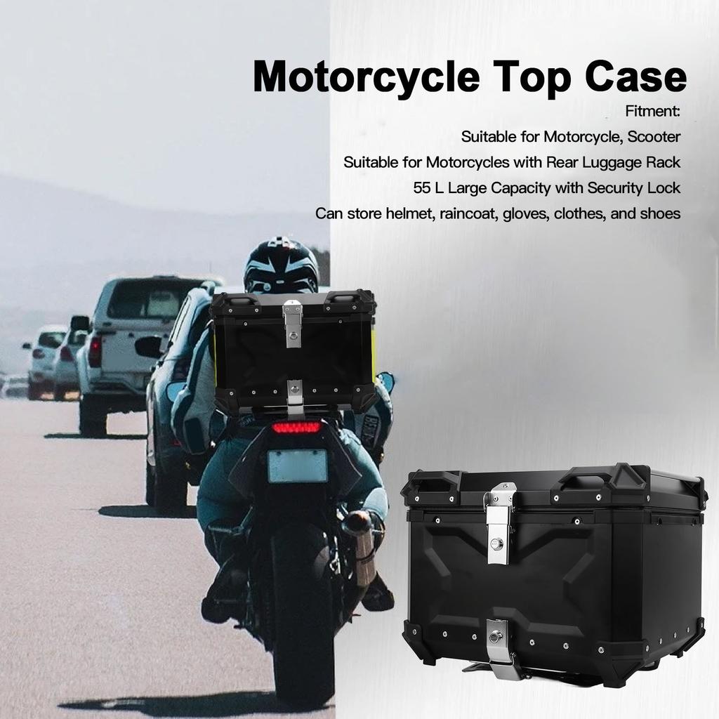 Motorcycle Top Box Aluminum Alloy 55L Quick Release Water Resistant with Safety Lock Reflective Sticker for Helmet Luggage Black