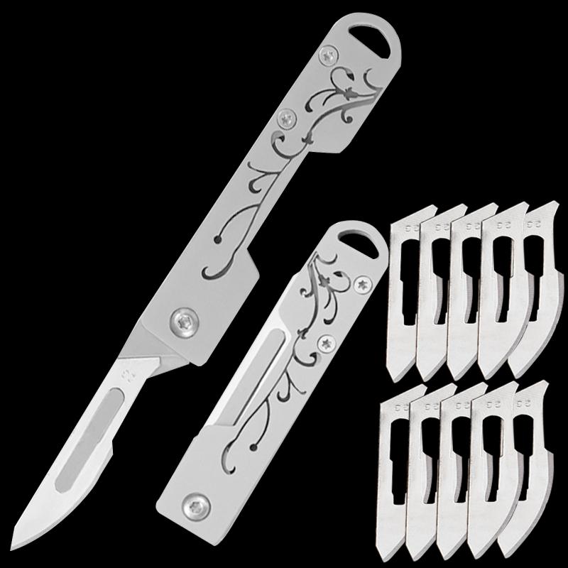 Stainless Steel Mini Pocket Knife Floral Pattern Handle Open Scalpel Knife Replaceable Blades Multifunctional Kitchen Knives