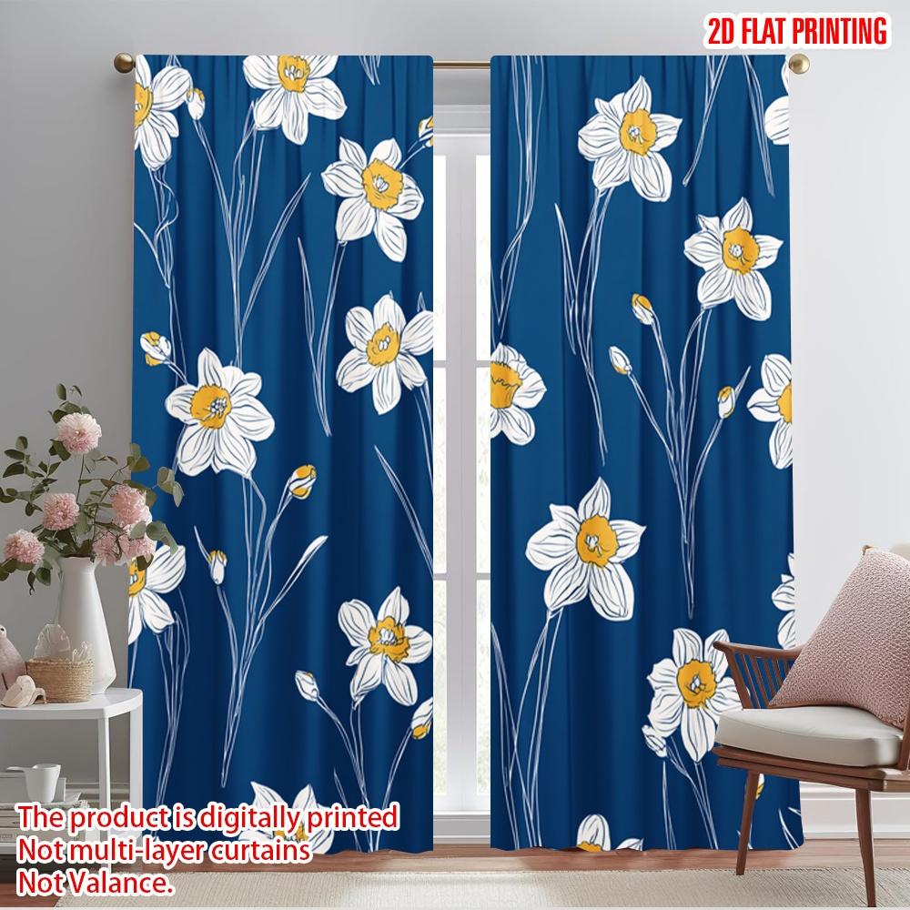 

2pcs,2D plane printing Curtain Popular White Daffodils on Blue Versatile Polyester Fabric (without rod) Gifts Use for Bedroom 52.50×116.00 CM 2pcs