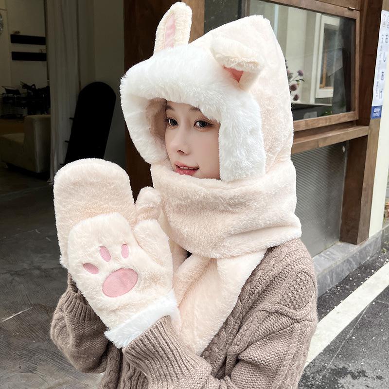 Women's Winter Rabbit Plush Hat, Scarf & Gloves Set - Cute, Thick, and Windproof.