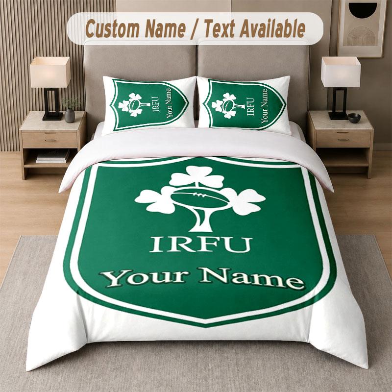 Custom Bedding Set Ireland Rugby Pattern, Print Name Text 1 Duvet Cover plus 2 Pillowcases Home Textile
