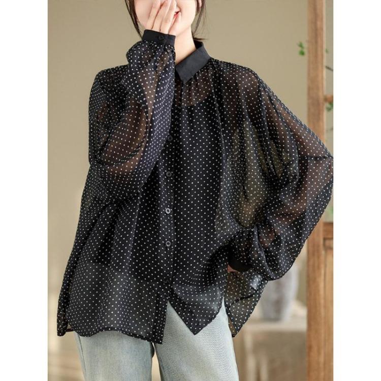 Neue Weiße Chiffonbluse Fledermausärmel Gepunktet Frühling Sommer Mode Oberteile Lockere T-Shirts Damenhemd