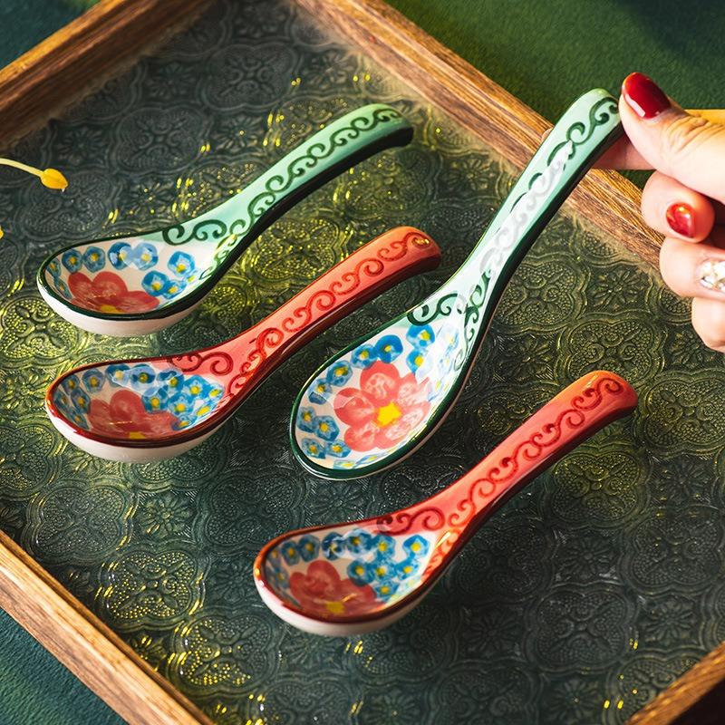 Green Shadow Ceramic Small Spoon Retro High-value Spoon Personal Household Tableware Rice Spoon Spoon Spoon New