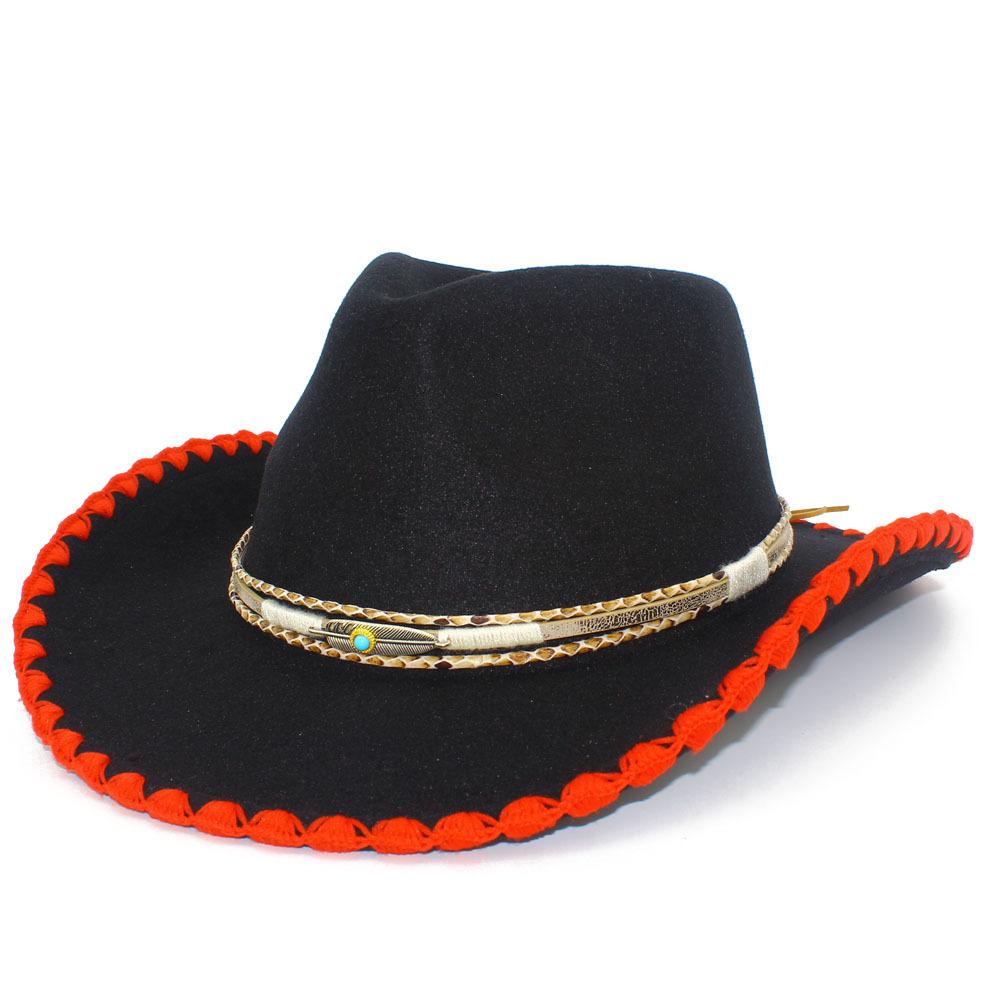 European and American style contrasting colors warped edge western cowboy hat big eaves thickened jazz hat popular top hat woolen hat