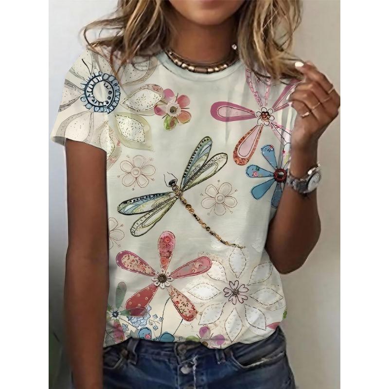 Watercolor floral dragonfly print women s fashionable casual comfortable round neck T-shirt S