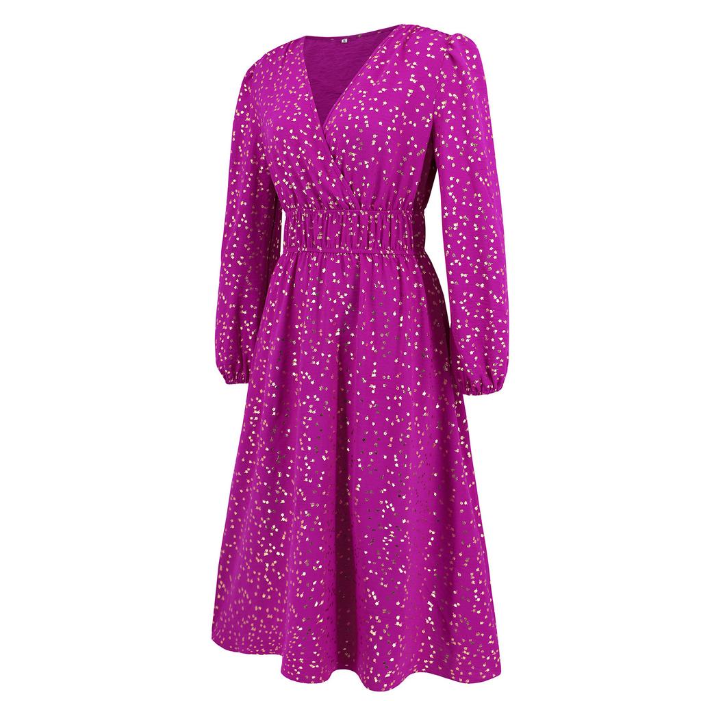 Women's Fashion Sexy Long Sleeve V-Neck Banquet Dresses Dresses Midi Slim Waist Shiny Shiny Dresses