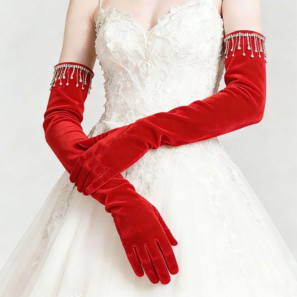 Elegant Velvet Long Gloves Rhinestone Tassel Full Finger Bride's Long Mittens Solid Color Soft Evening Dress Gloves