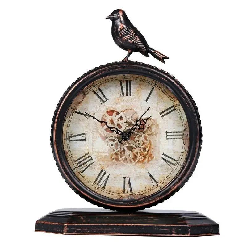 

European Retro Table Clock Living Room Dual Clock Old Style Mute Alarm Delicate Time Display Ornament Retro Desktop Vintage