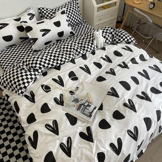Fashion Bedding Set White Green Double Bed Linens Quilt Duvet Cover Pillowcase Queen Size Flat Sheet Classic Grid for Girl Boy