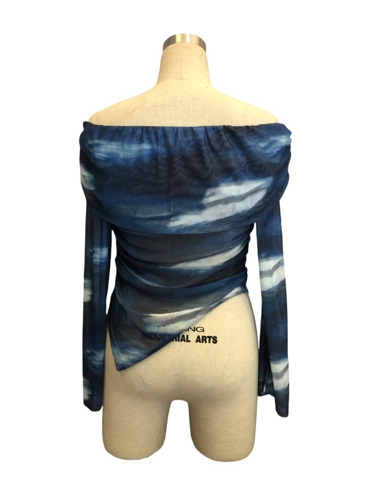 Women's Knitted Mesh Printed One-line Collar Strapless Long-sleeved Slim T-shirt Tops for Women Versatile Closet Essential Fashion Items Shirt