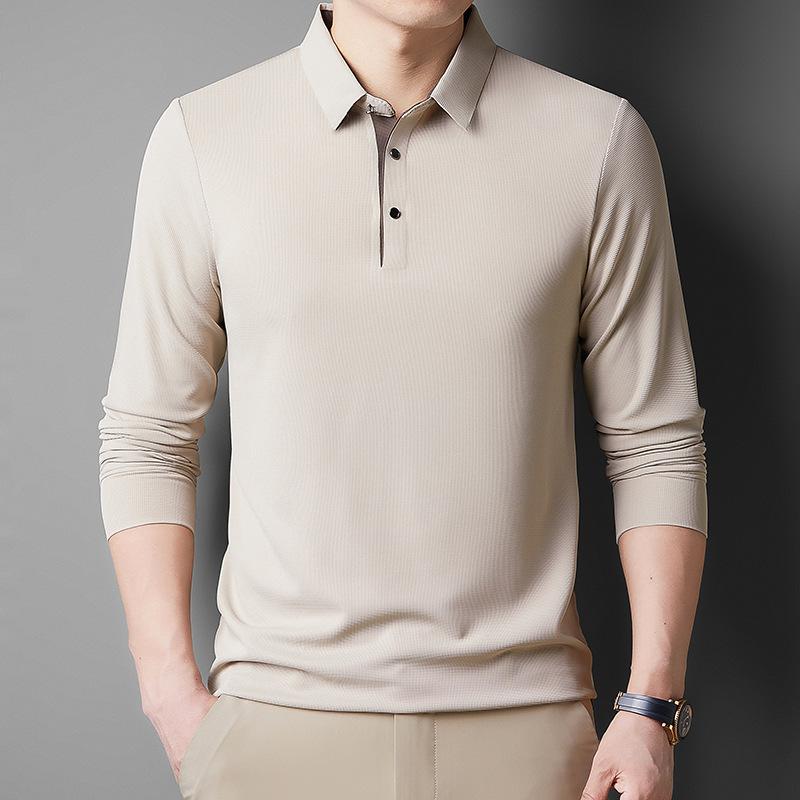 Men'S Seamless Long-Sleeved Polo Shirt Loose Splicing Mid-Lapel Bottoming Shirt T-Shirt