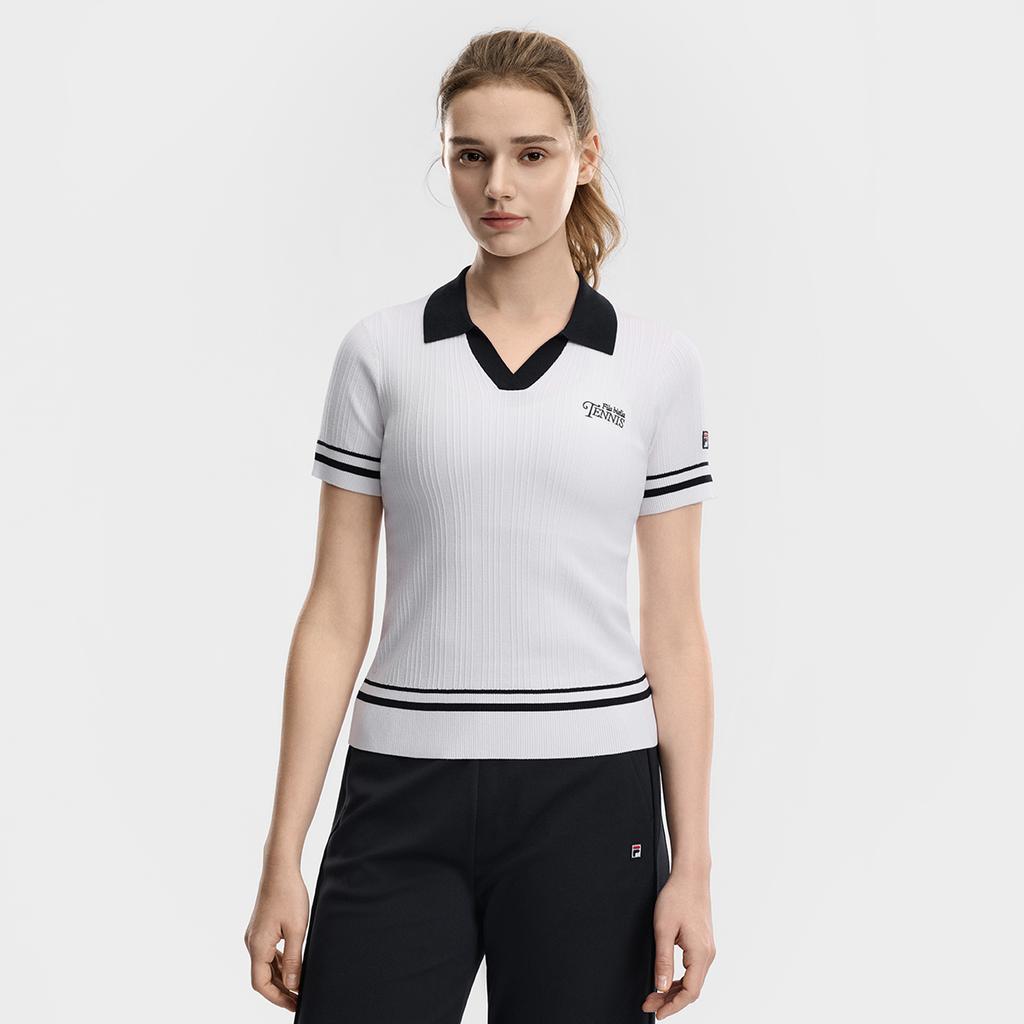 Fila Tennis Fashion Simple Classic Retro Tennis Sports Casual Versatile Comfortable Striped Knitted Short Sleeve Top Women tops A11W623401FWT