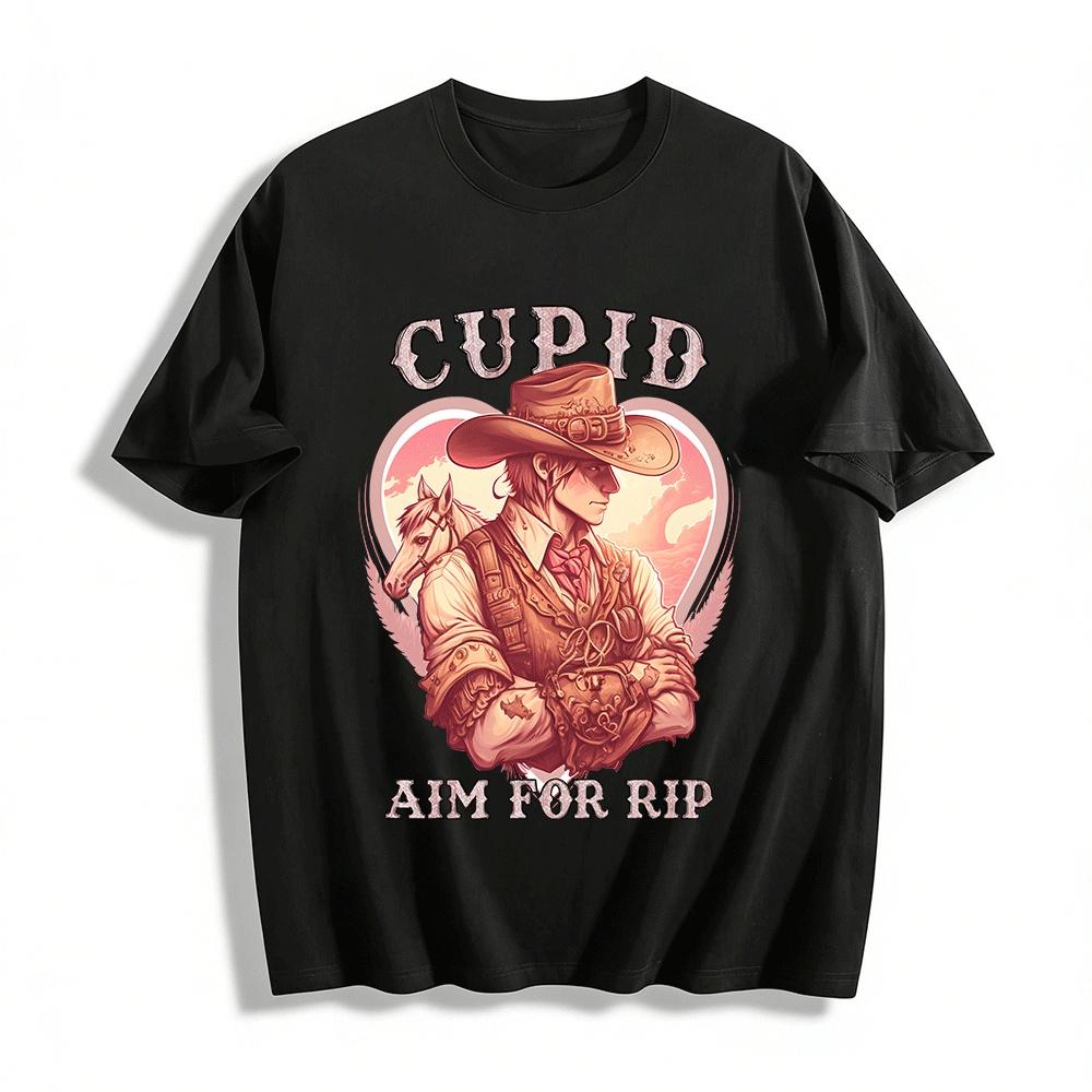 Cupid Aim For Rip Western Cowboy Themed Graphic Casual Tee Pure cotton T-shirt XXS