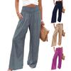 Women Pants Pleated Elastic Waist Straight Wide Leg Long Trousers with Pockets Pure Color Loose Fit Summer Lounge Pants