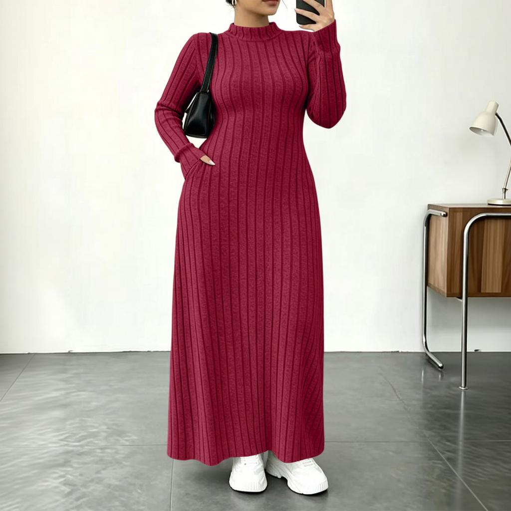 Damen Color Rippen Mock-Neck Kleid mit Taschen, Figurbetonter Taillenbetonung für den Alltag