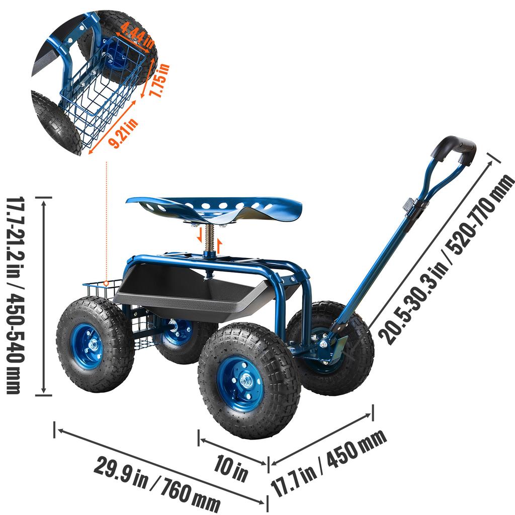 SucceBuy Garden Cart Rolling Workseat with Wheels Gardening Stool for Planting 360Degree Swivel Seat Wagon Scooter with Steering