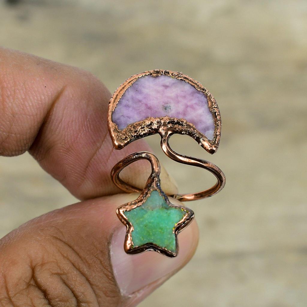 Pink Tourmaline Ring Electroformed Copper Ring Adjustable Ring Handmade Jewelry Chrysoprase Gemstone Ring Moon & Star Jewelry Gifts For Mom