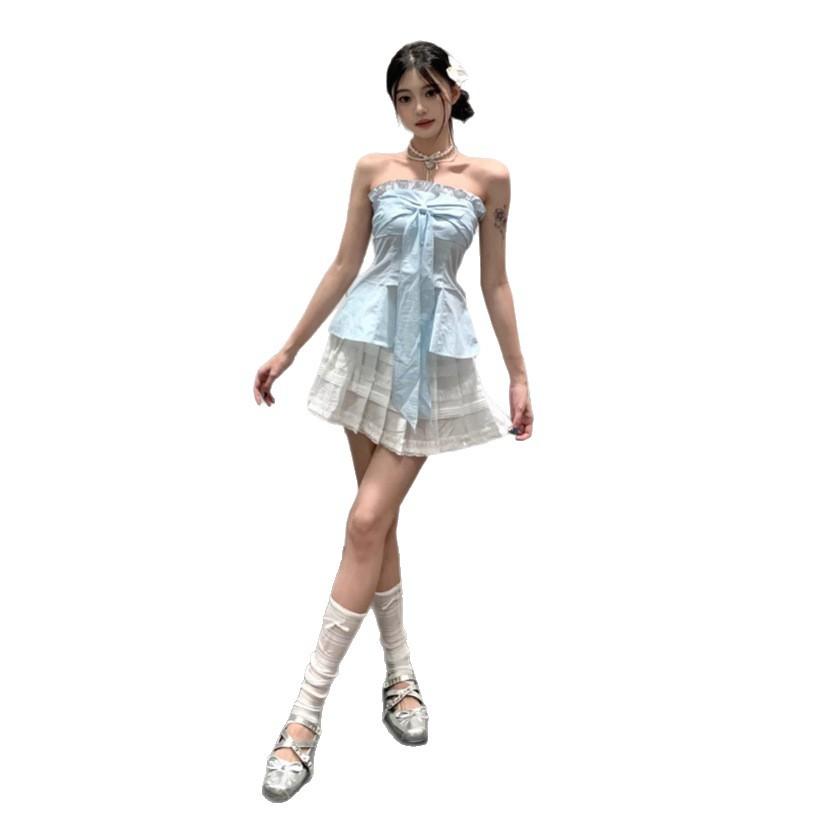 Design Fungus Edge Lace-up Tube Top Women's Clothing Summer Niche Age-reducing Waist and Thin Sleeveless Pure Desire Top