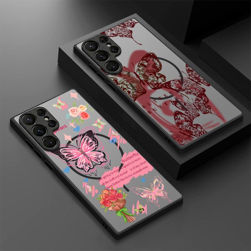 Magnetic For Magsafe Case For Samsung Galaxy S26 Ultra S25 Edge S24 S23 S22 Plus S21 FE Colorful Butterfly Pattern Hybrid Matte Cover