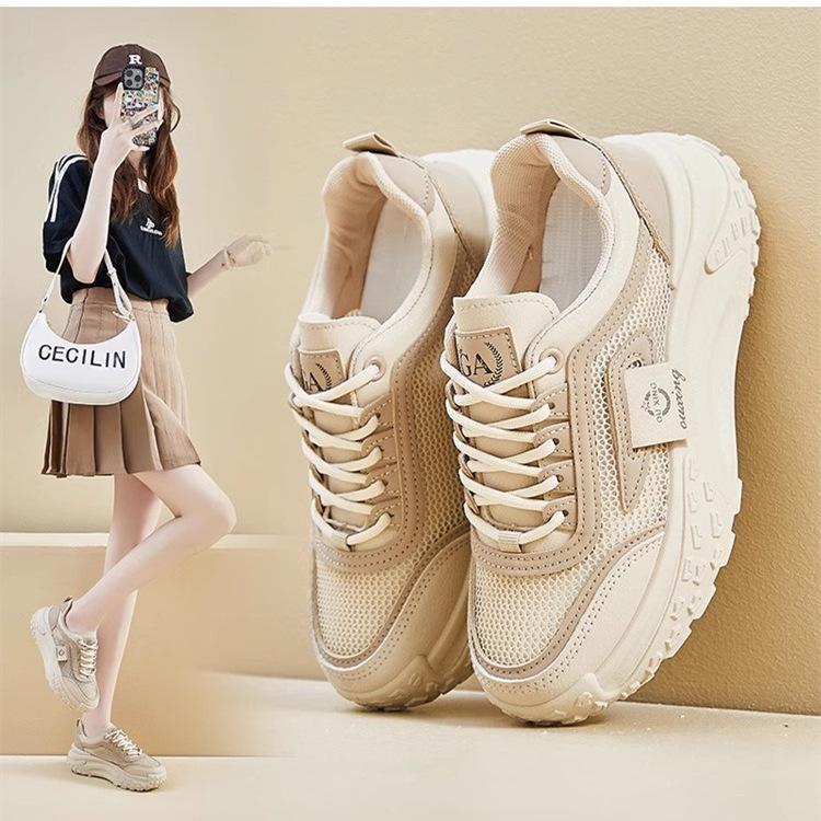 Korean version of women's shoes 2025 new spring and summer dad shoes versatile thick sole inner height increase mesh breathable high top white shoes