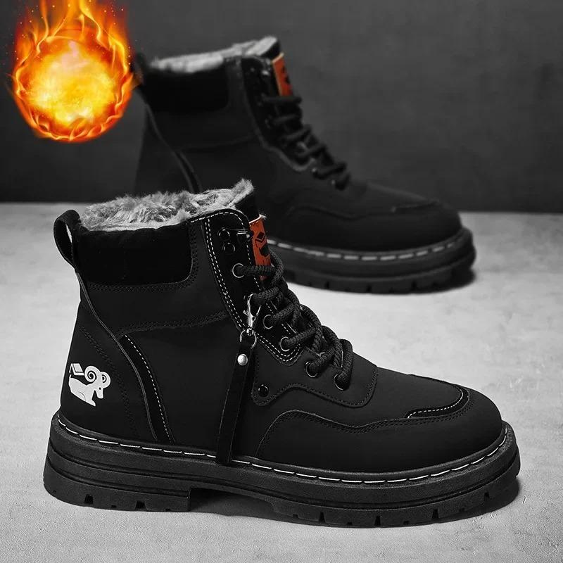Winter Men'S Boots Warm Plush Outdoor Cotton Shoes Black Waterproof Lace Up Anti Slip Fashion Cold Resistant Men'S Shoes