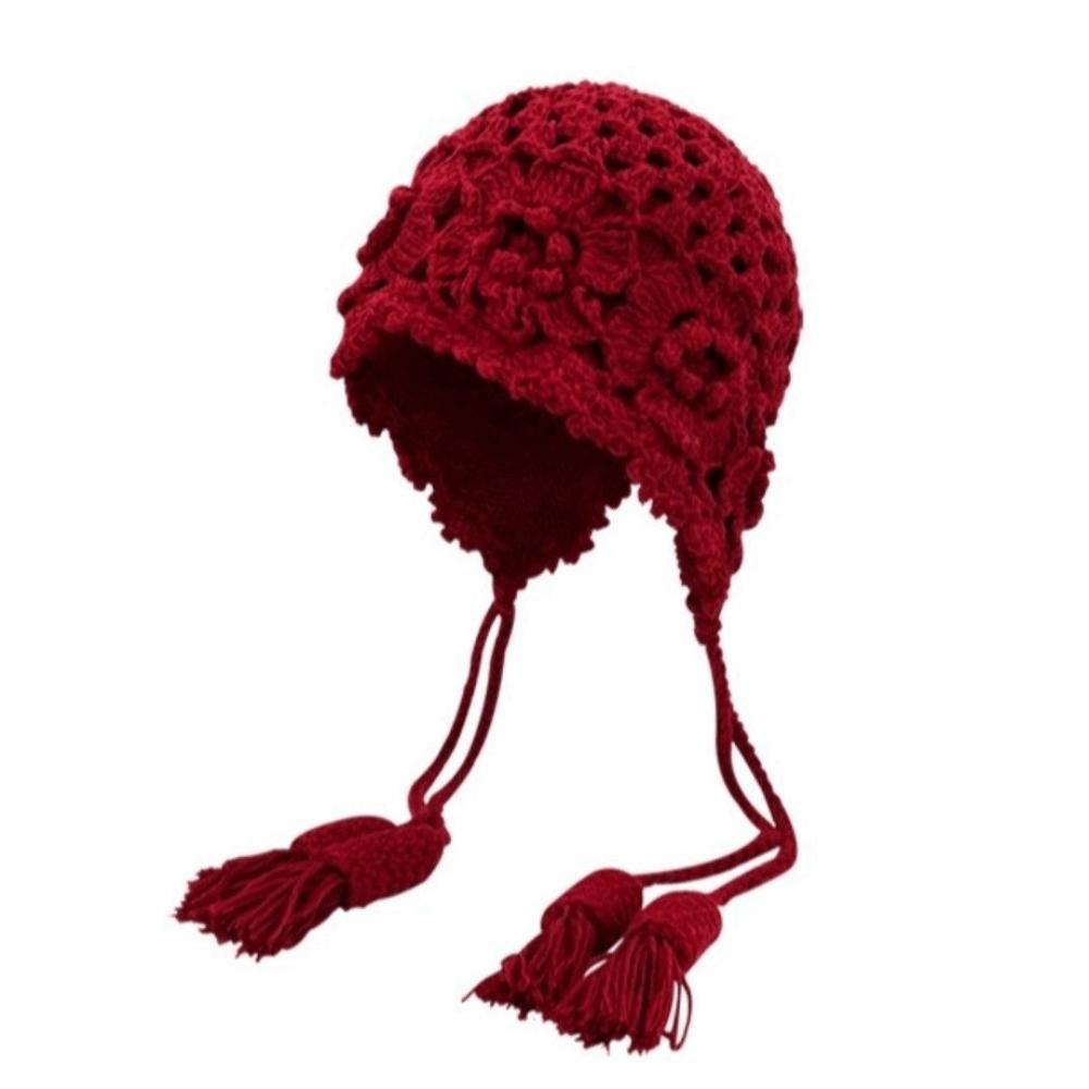 Casual Hollowed-out Flower Bonnet Hat Hand Woven Long Tassel Knitted Ear Protection Hat Windproof Pullover Hat