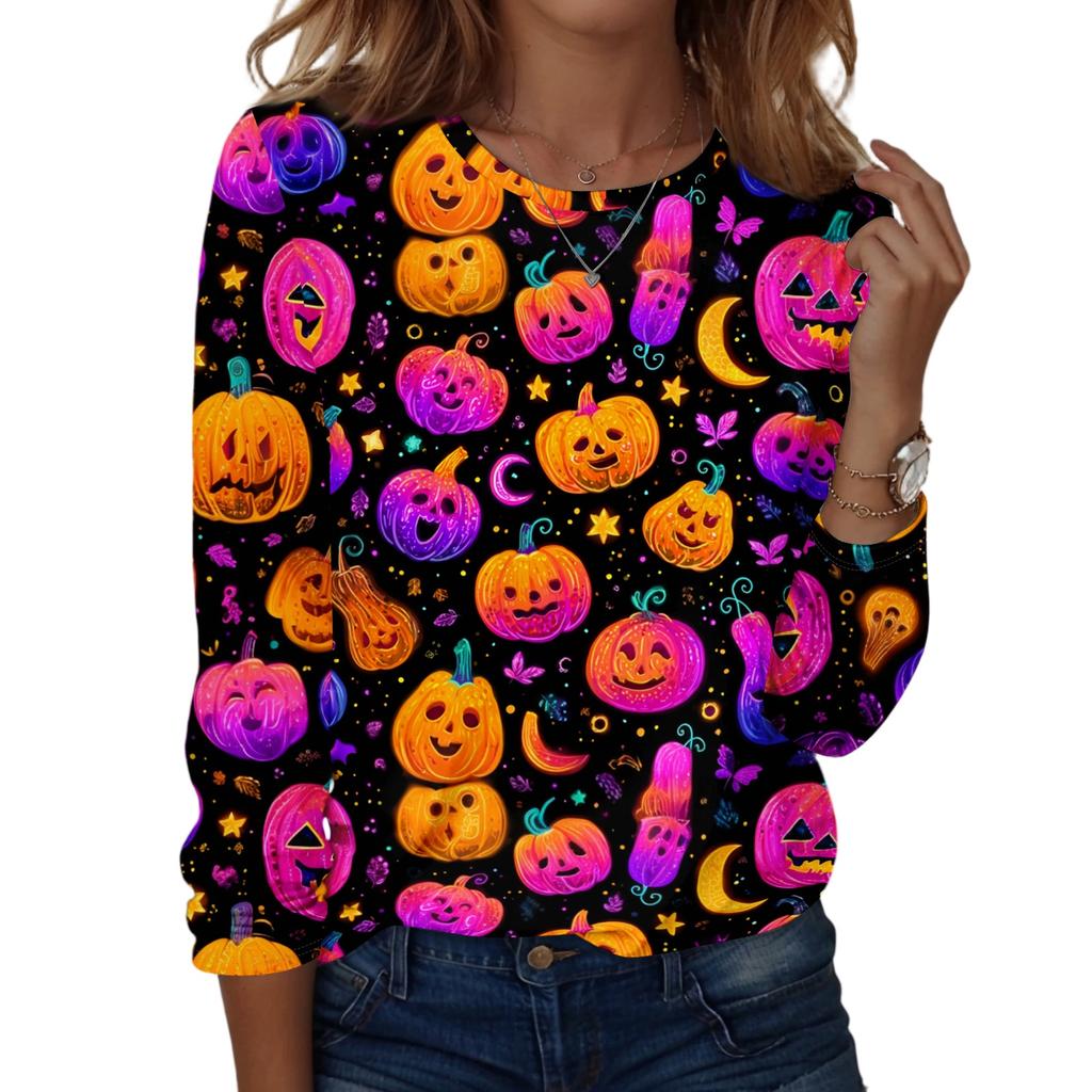 Women's Casual Long Sleeve Halloween Print Pullover Top Crew Neck Lightweight Sweatshirt for Fall and Everyday Wear